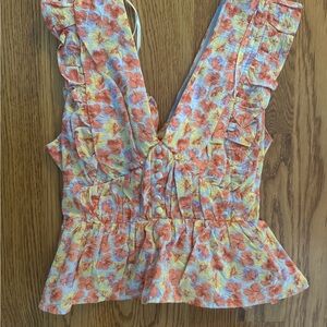Lulu's Orange and Yellow Floral Ruffle Blouse